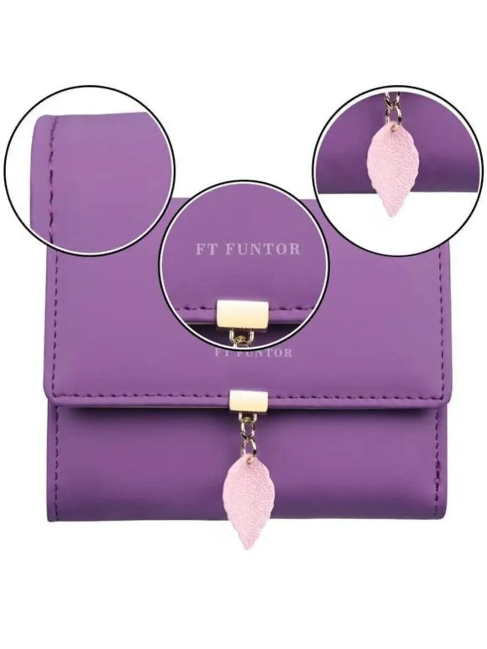 RFID Purple Wallet Leaf Card Holder Trifold Ladies Wallet with Zipper Pocket